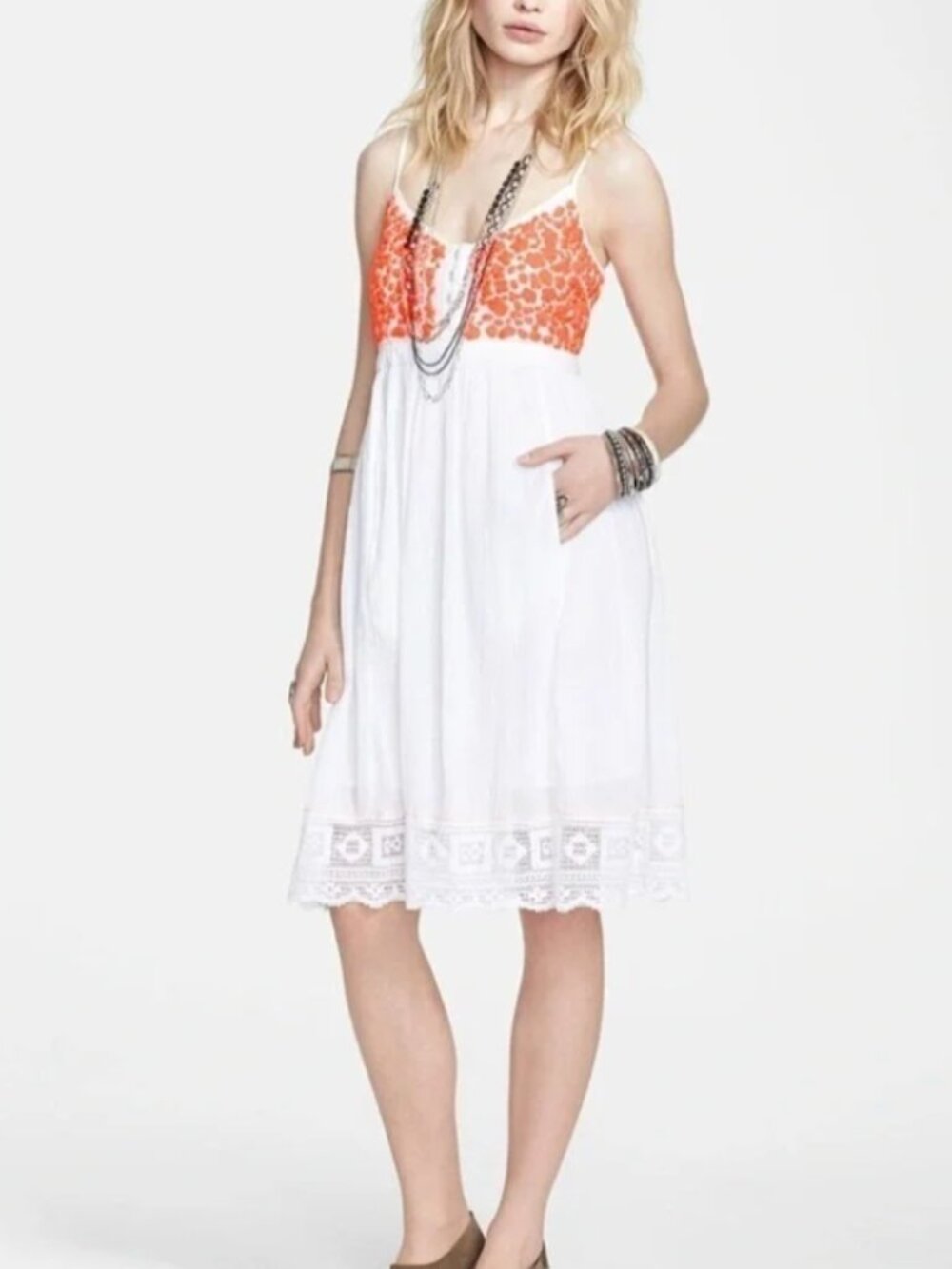 Free People Cloud Watching Gauze Dress Small White Orange Embroidered Boho